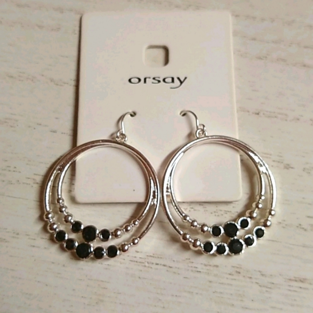 😻 3 For $15 Silver Double Hoops With Black Gems